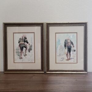 Pair Watercolor Painting C Blanco Framed Guatemalan 11x14in Pagan Ceremony